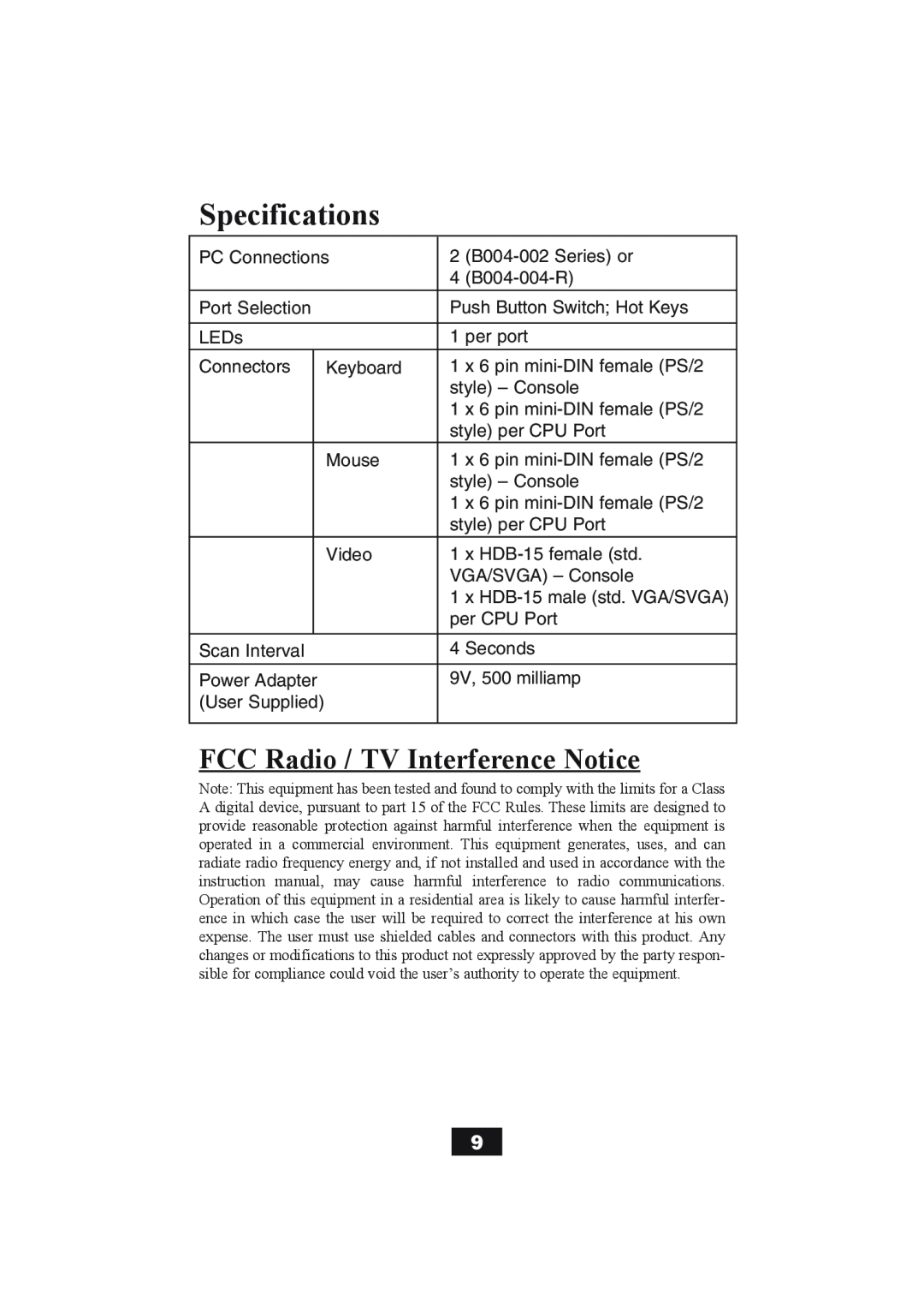 Tripp Lite B004-002 Series, B004-004 Series user manual Specifications, FCC Radio / TV Interference Notice 