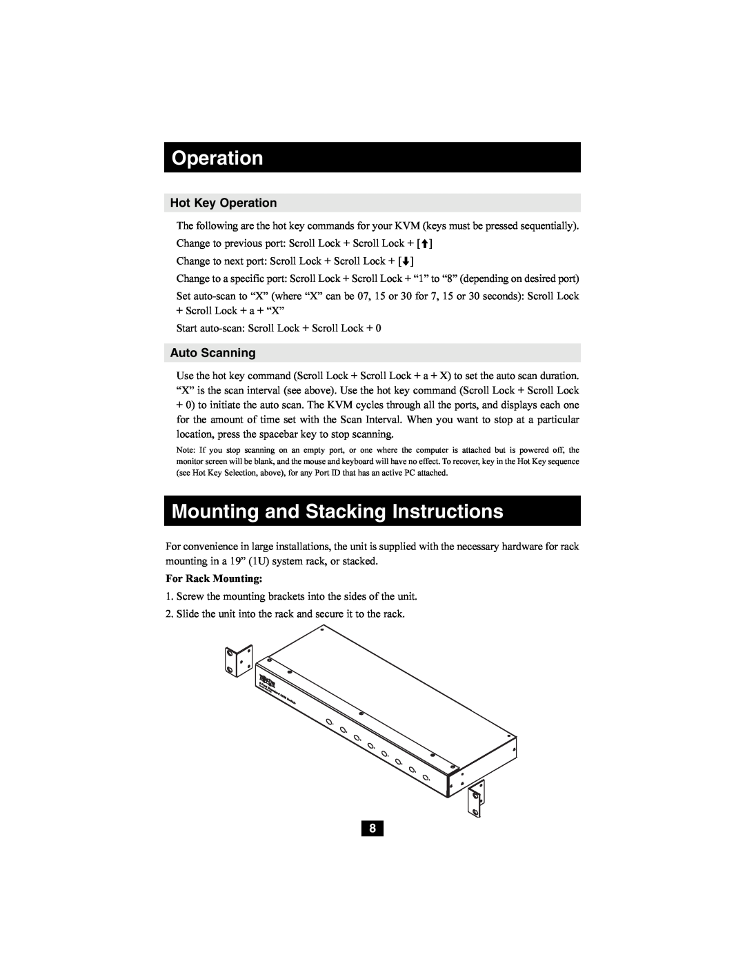 Tripp Lite B004-008 owner manual Mounting and Stacking Instructions, Hot Key Operation, Auto Scanning 