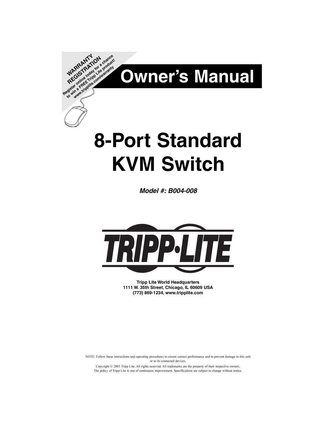 Tripp Lite B004-008 owner manual Port Standard KVM Switch 