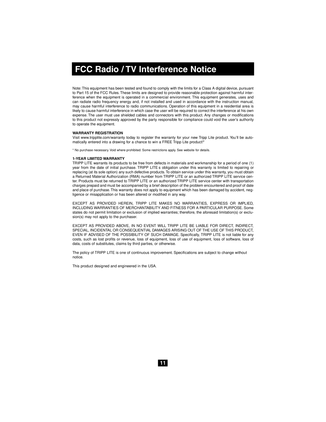 Tripp Lite B004-008 owner manual FCC Radio / TV Interference Notice, Warranty Registration 