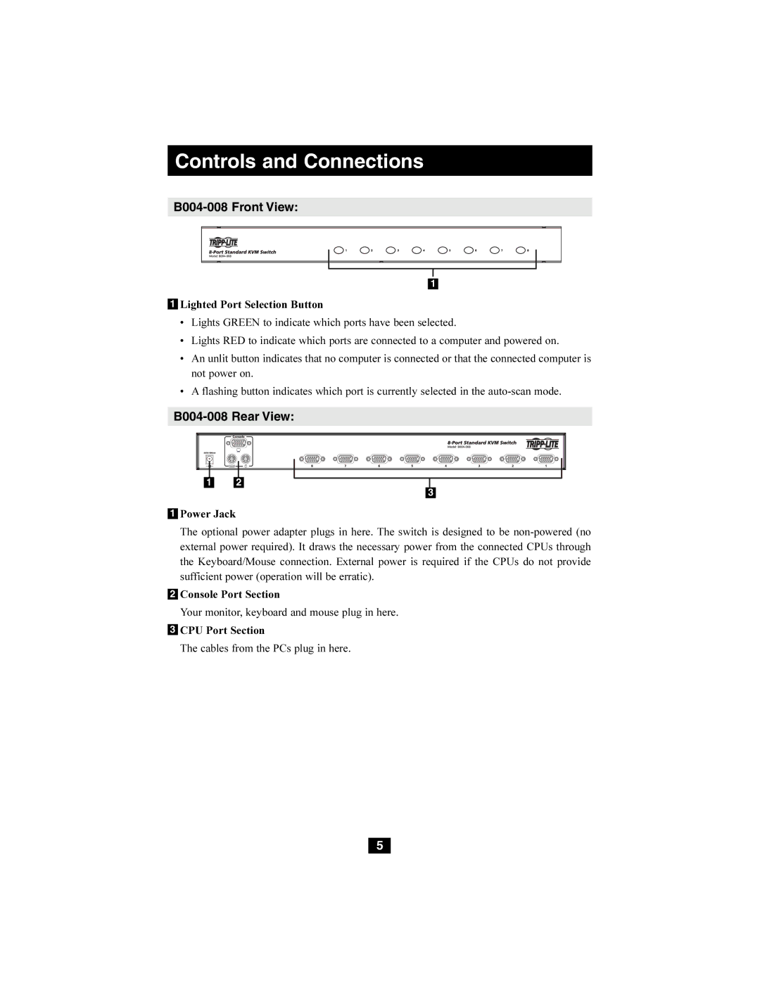 Tripp Lite owner manual Controls and Connections, B004-008 Front View, B004-008 Rear View 