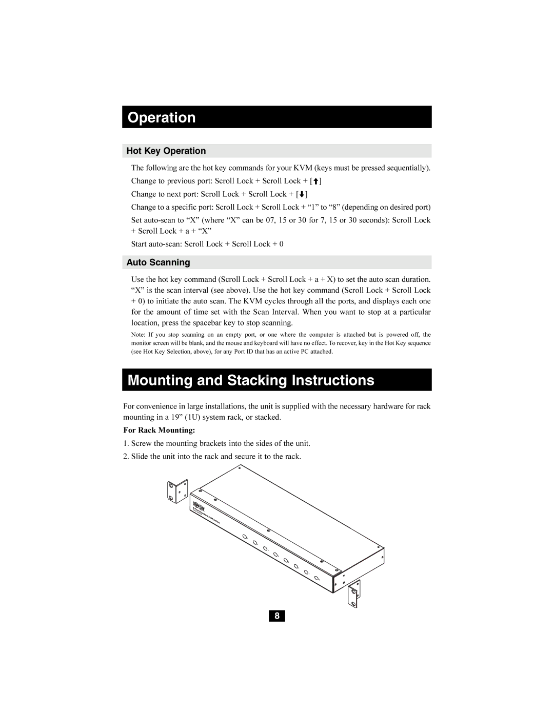 Tripp Lite B004-008 owner manual Mounting and Stacking Instructions, Hot Key Operation, Auto Scanning 