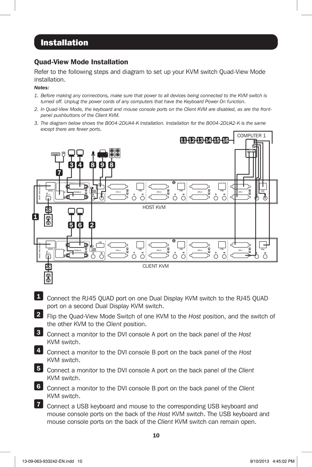 Tripp Lite B004-2DUA4-K, B004-2DUA2-K owner manual Quad-View Mode Installation, 11 12 13 14 15 