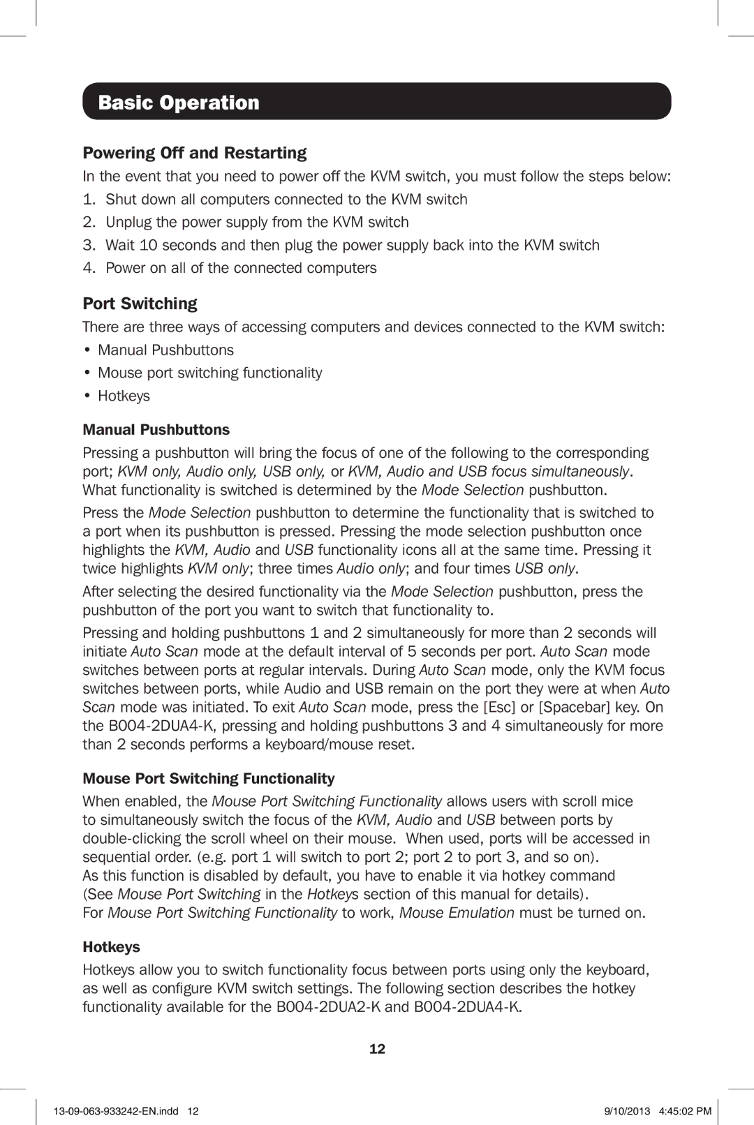 Tripp Lite B004-2DUA4-K, B004-2DUA2-K owner manual Basic Operation, Powering Off and Restarting, Port Switching 