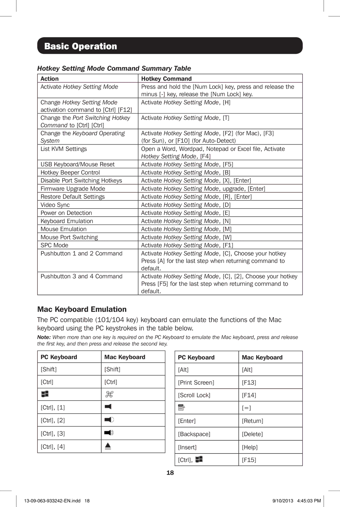 Tripp Lite B004-2DUA4-K, B004-2DUA2-K owner manual Mac Keyboard Emulation, Hotkey Setting Mode Command Summary Table 