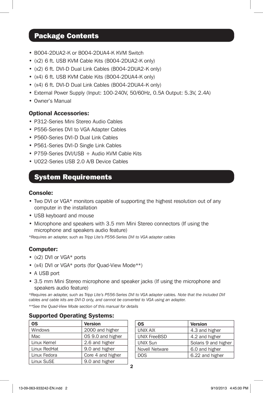 Tripp Lite B004-2DUA4-K, B004-2DUA2-K owner manual Package Contents, System Requirements 