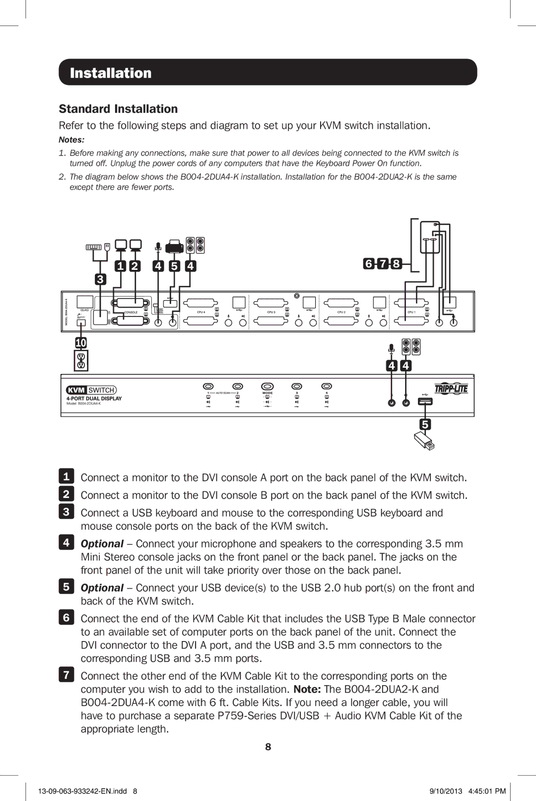 Tripp Lite B004-2DUA4-K, B004-2DUA2-K owner manual Standard Installation 