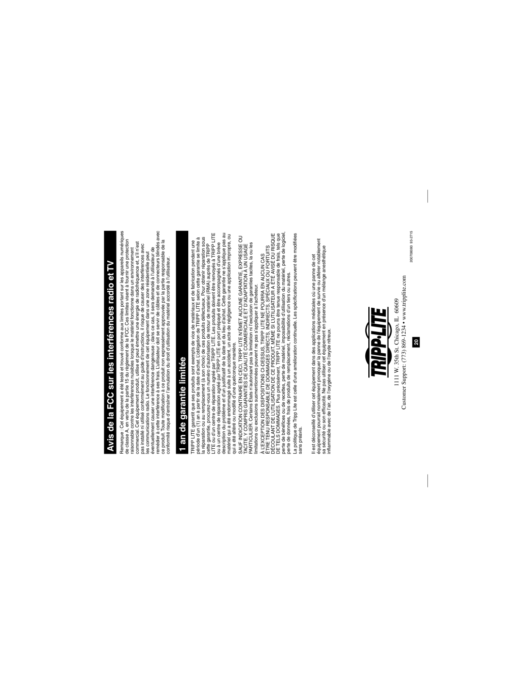 Tripp Lite B004-DUA2-K-R owner manual Avis de la FCC sur les interférences radio et TV, An de garantie limitée 