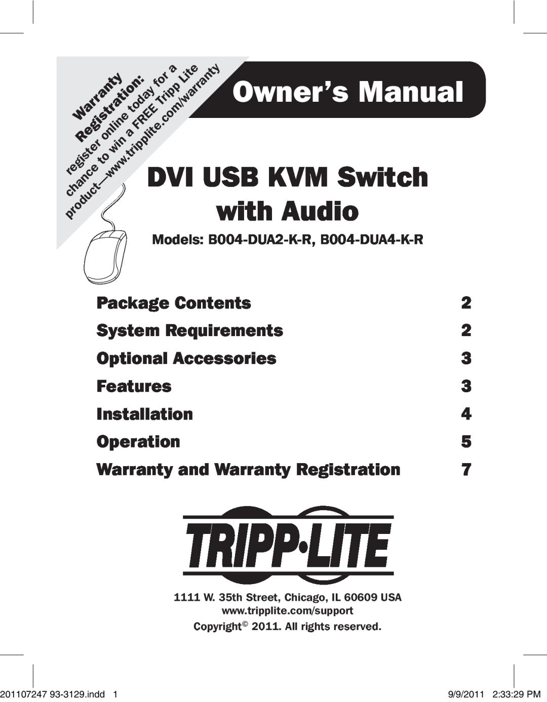 Tripp Lite B004-DUA4-K-R owner manual Owner’s Manual, Package Contents, System Requirements, Optional Accessories 