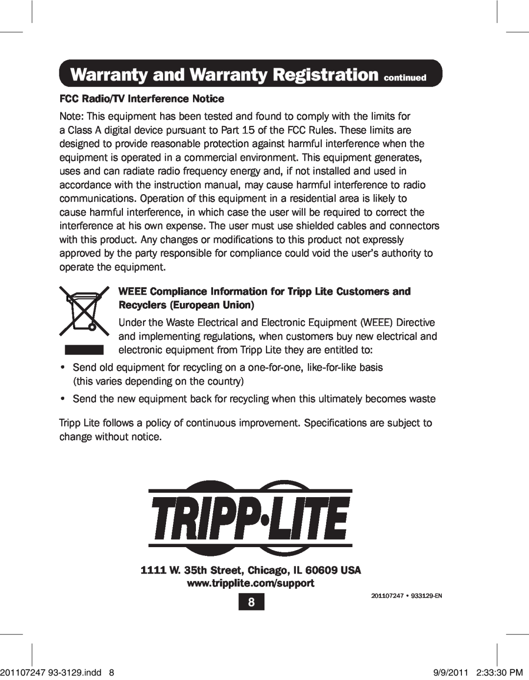 Tripp Lite B004-DUA4-K-R owner manual Warranty and Warranty Registration continued, 201107247 933129-EN 