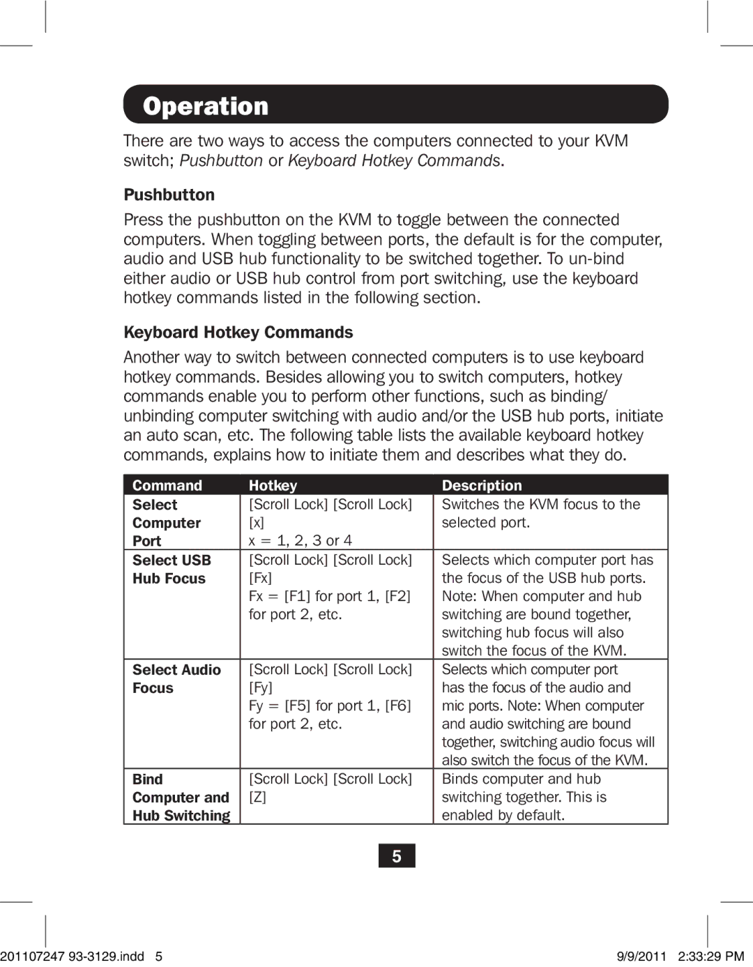 Tripp Lite B004-DUA4-K-R owner manual Operation, Command Hotkey Description 