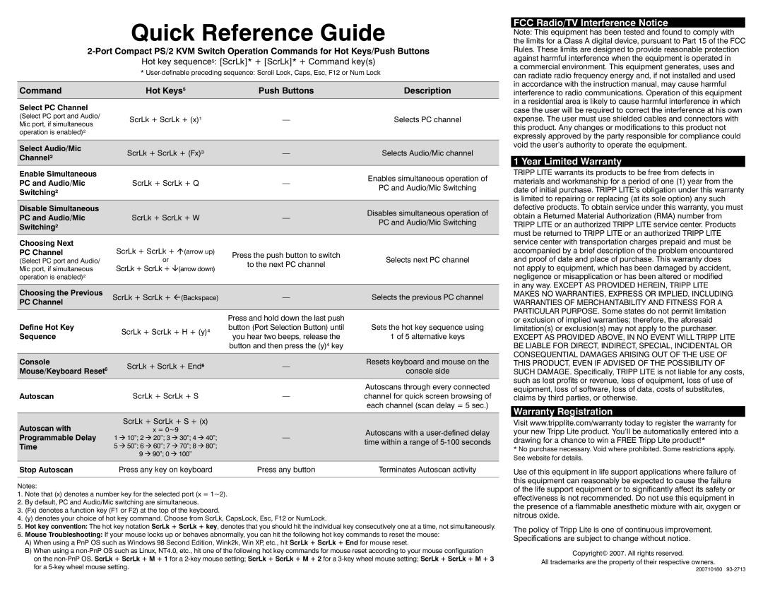 Tripp Lite B004-VPA2-K-R owner manual FCC Radio/TV Interference Notice Year Limited Warranty, Warranty Registration 