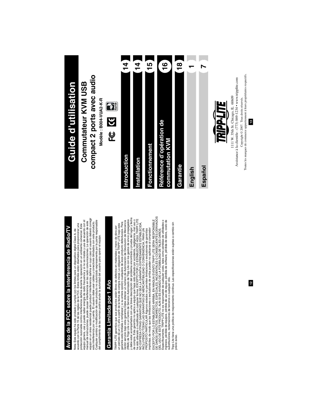 Tripp Lite B004-VUA2-K-R owner manual Aviso de la FCC sobre la interferencia de Radio/TV, Garantía Limitada por 1 Año 