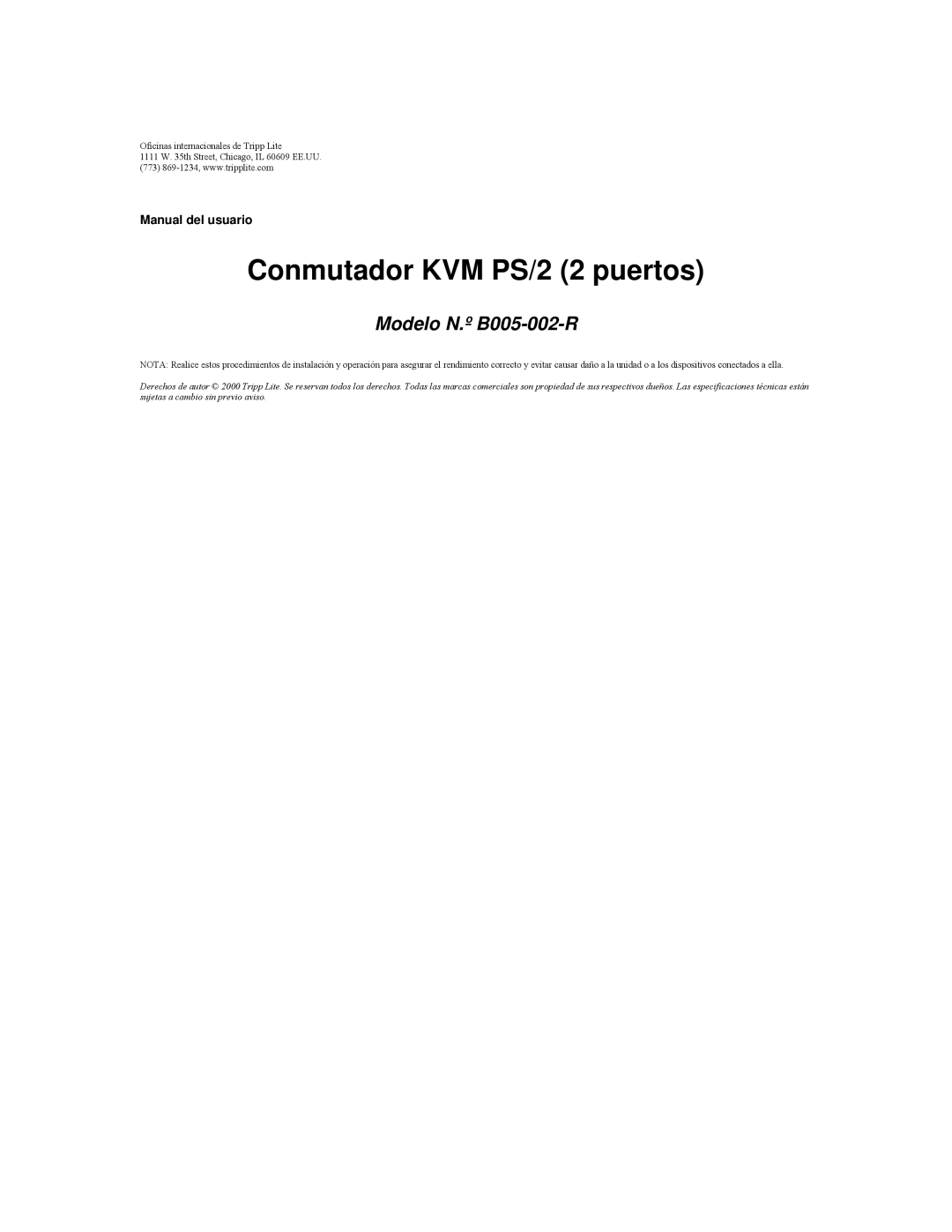 Tripp Lite B005-002-R user manual Conmutador KVM PS/2 2 puertos 