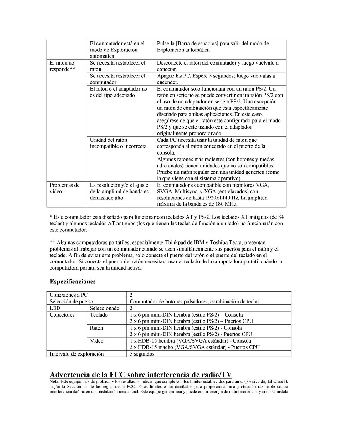 Tripp Lite B005-002-R user manual Advertencia de la FCC sobre interferencia de radio/TV, Especificaciones 