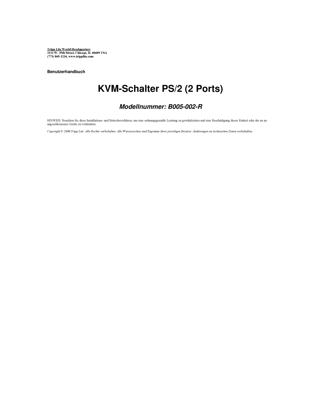 Tripp Lite B005-002-R user manual KVM-Schalter PS/2 2 Ports 