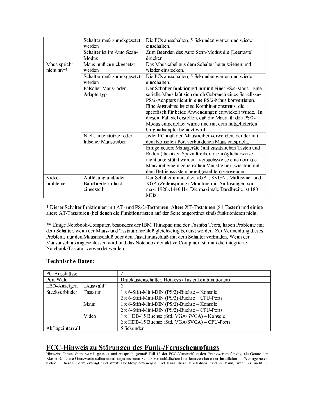 Tripp Lite B005-002-R user manual FCC-Hinweis zu Störungen des Funk-/Fernsehempfangs, Technische Daten 