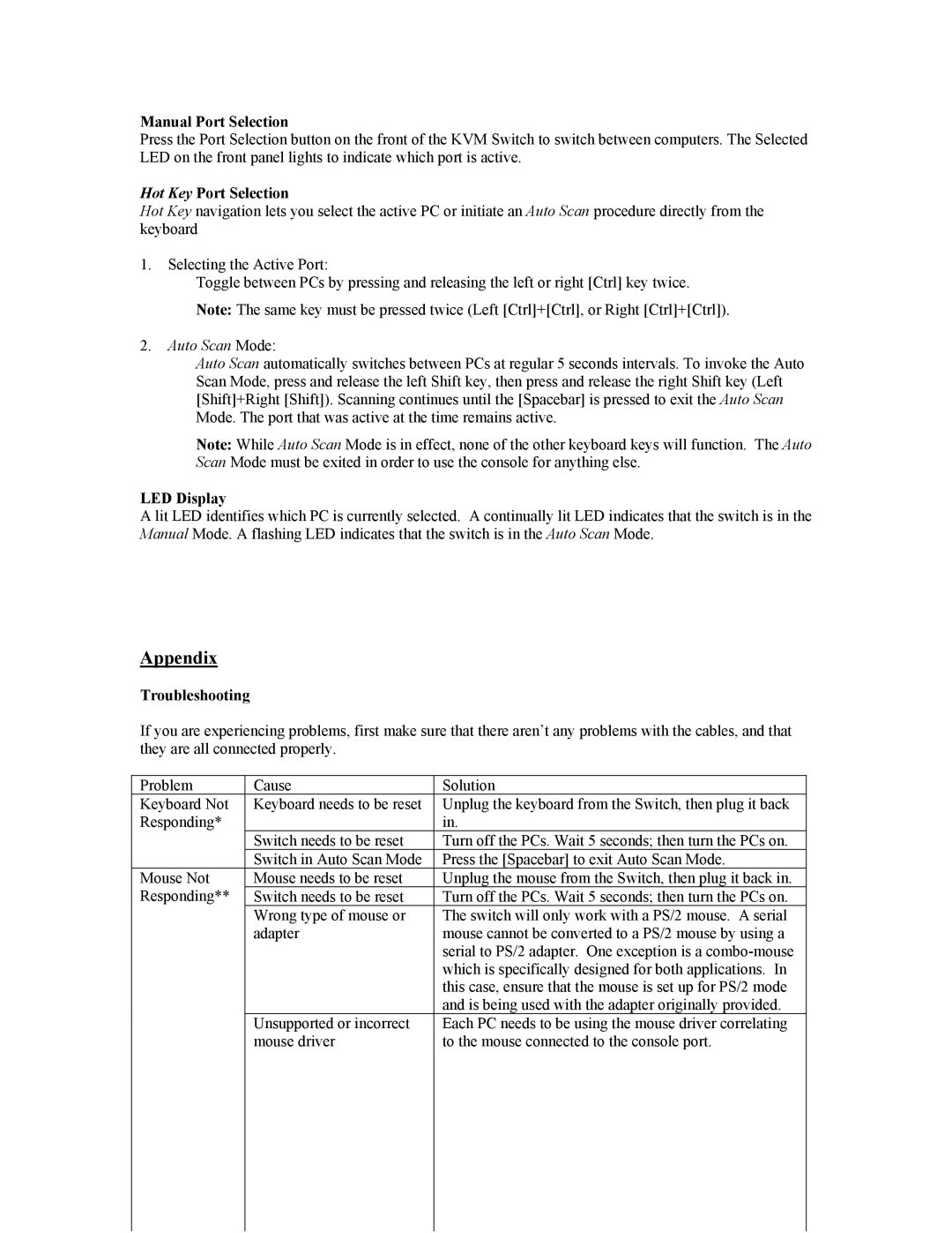 Tripp Lite B005-002-R user manual Appendix, Manual Port Selection, Hot Key Port Selection, LED Display, Troubleshooting 
