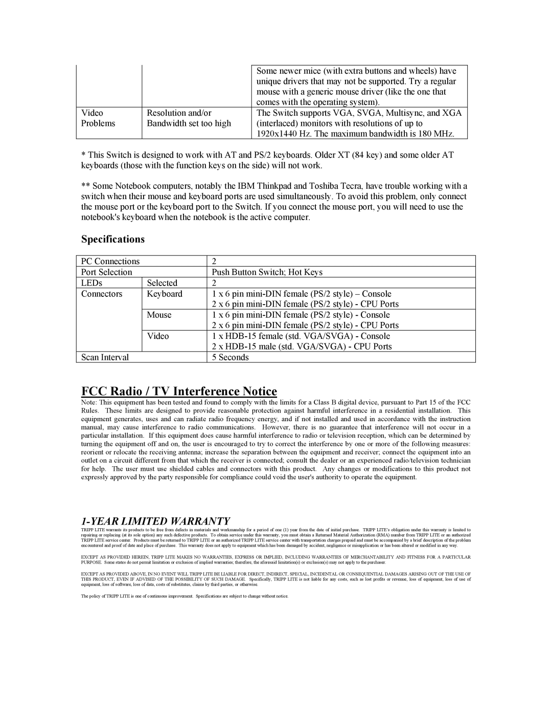 Tripp Lite B005-002-R user manual FCC Radio / TV Interference Notice, Specifications 