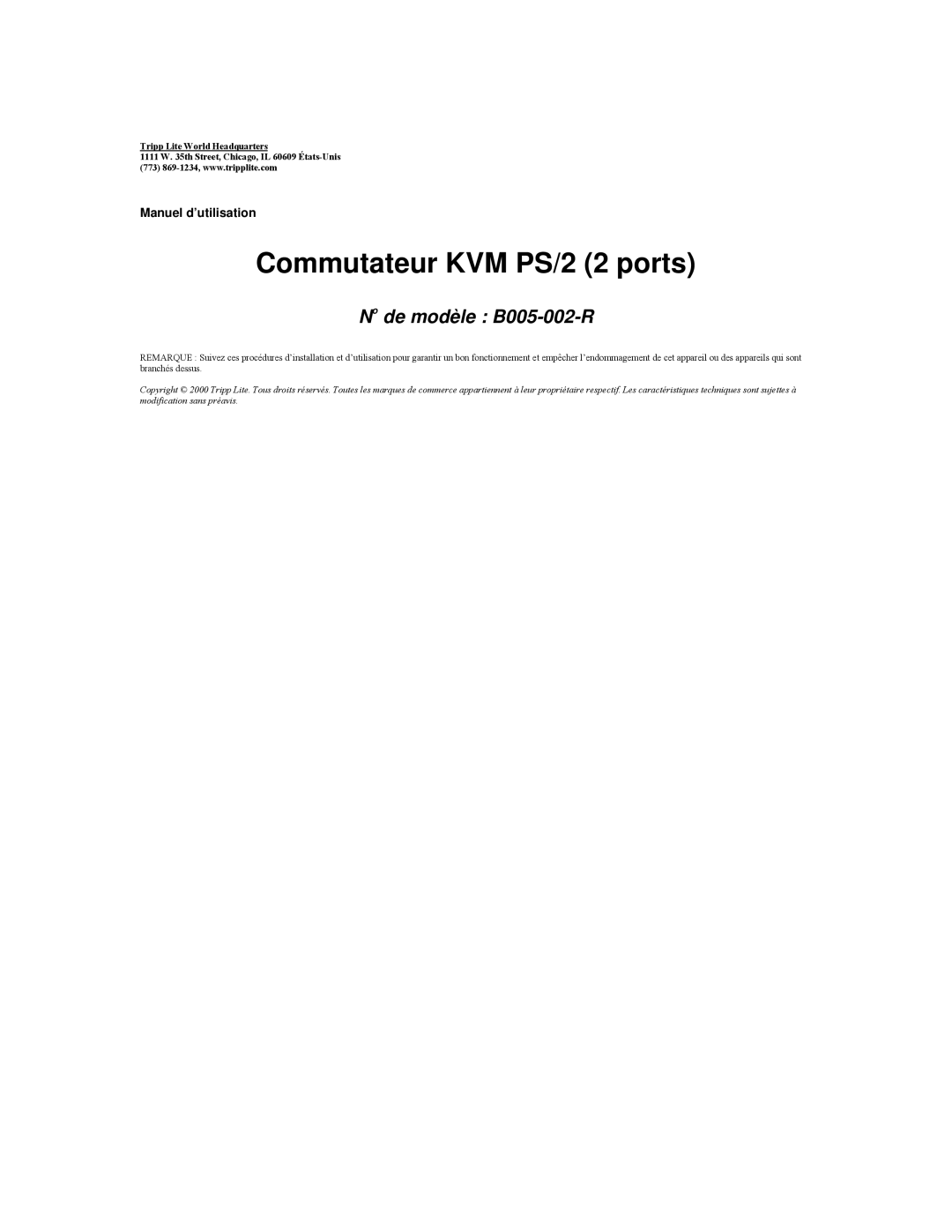 Tripp Lite B005-002-R user manual Commutateur KVM PS/2 2 ports 