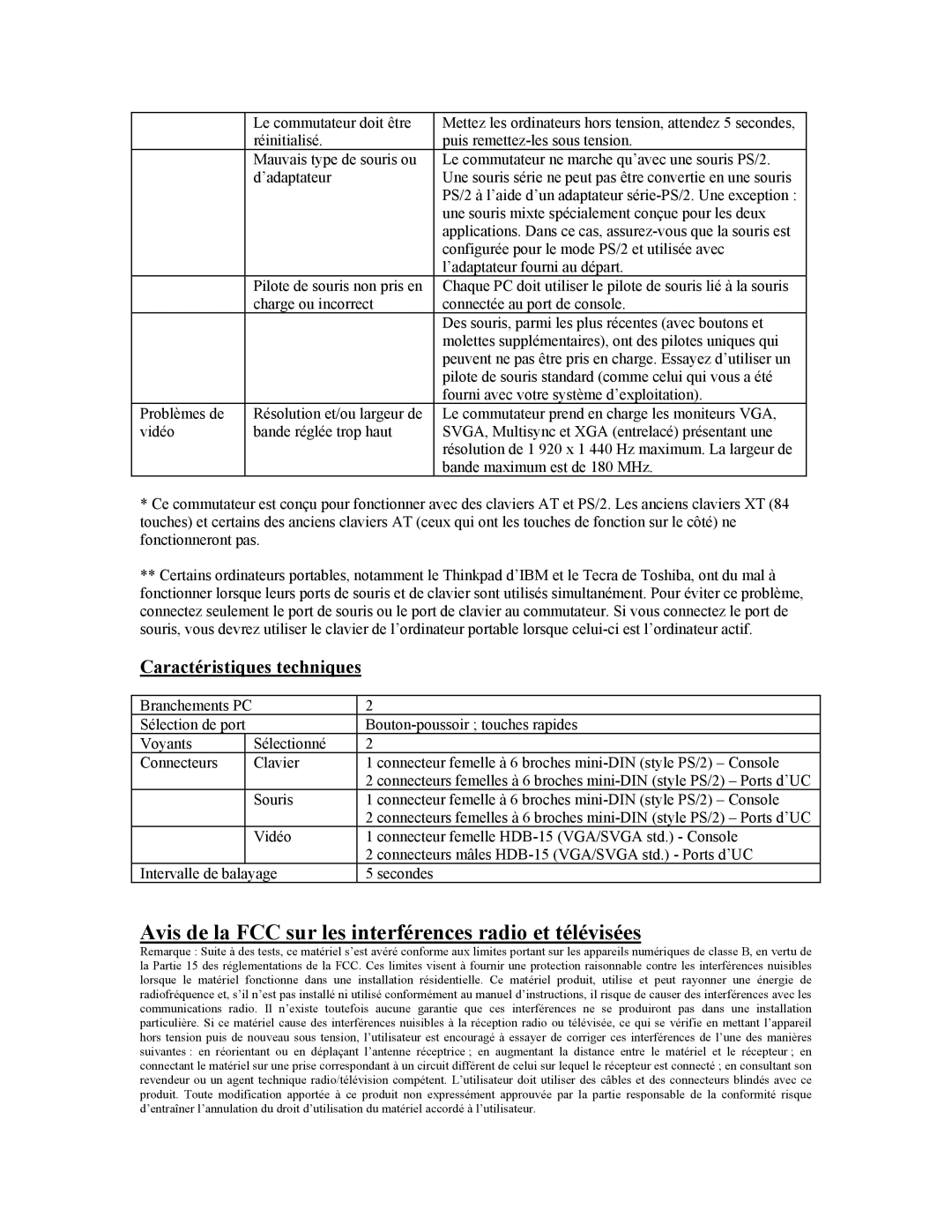 Tripp Lite B005-002-R user manual Avis de la FCC sur les interférences radio et télévisées, Caractéristiques techniques 