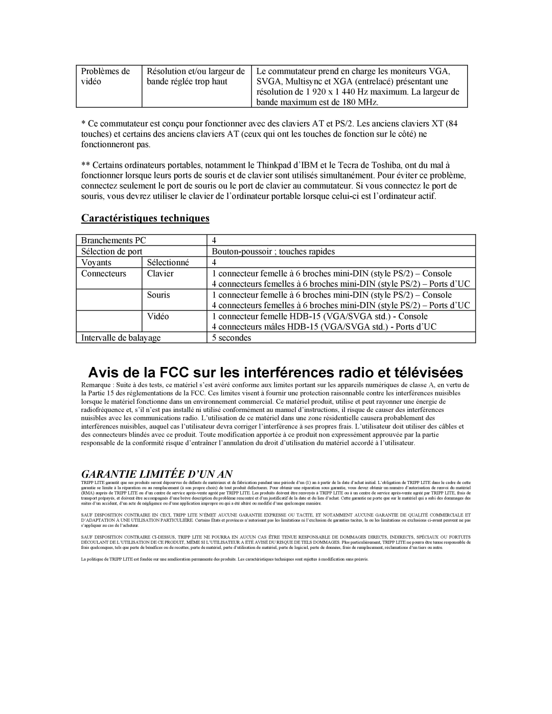 Tripp Lite B005-004-R user manual Avis de la FCC sur les interférences radio et télévisées, Caractéristiques techniques 