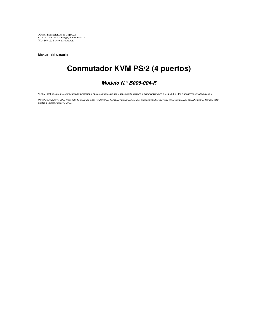 Tripp Lite B005-004-R user manual Conmutador KVM PS/2 4 puertos 