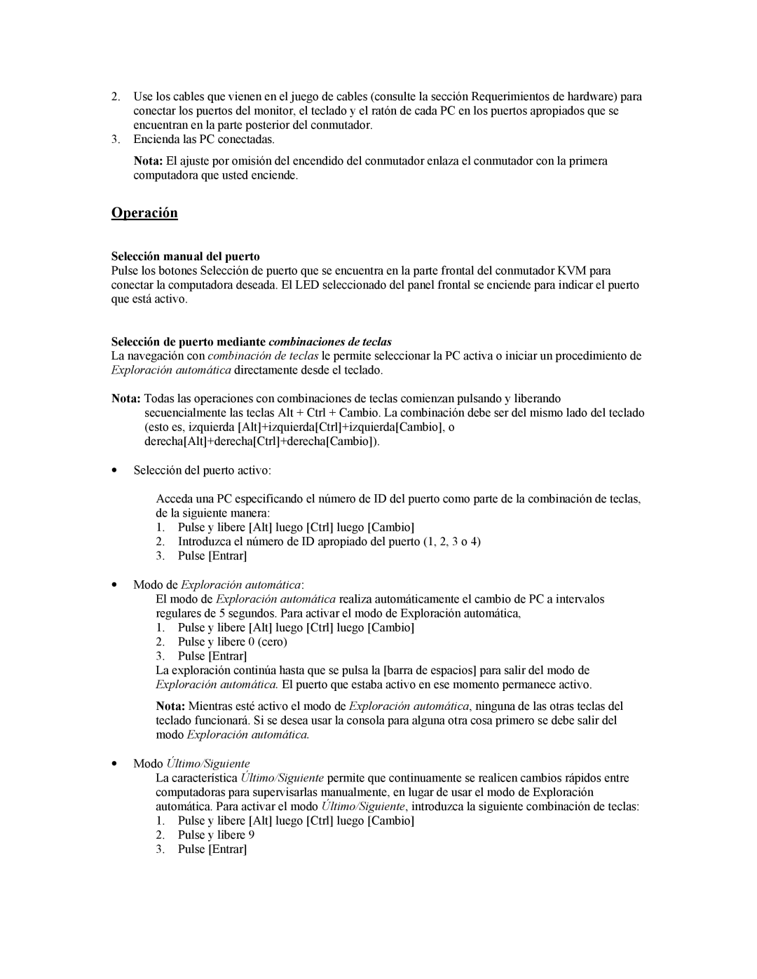 Tripp Lite B005-004-R Operación, Selección manual del puerto, Selección de puerto mediante combinaciones de teclas 