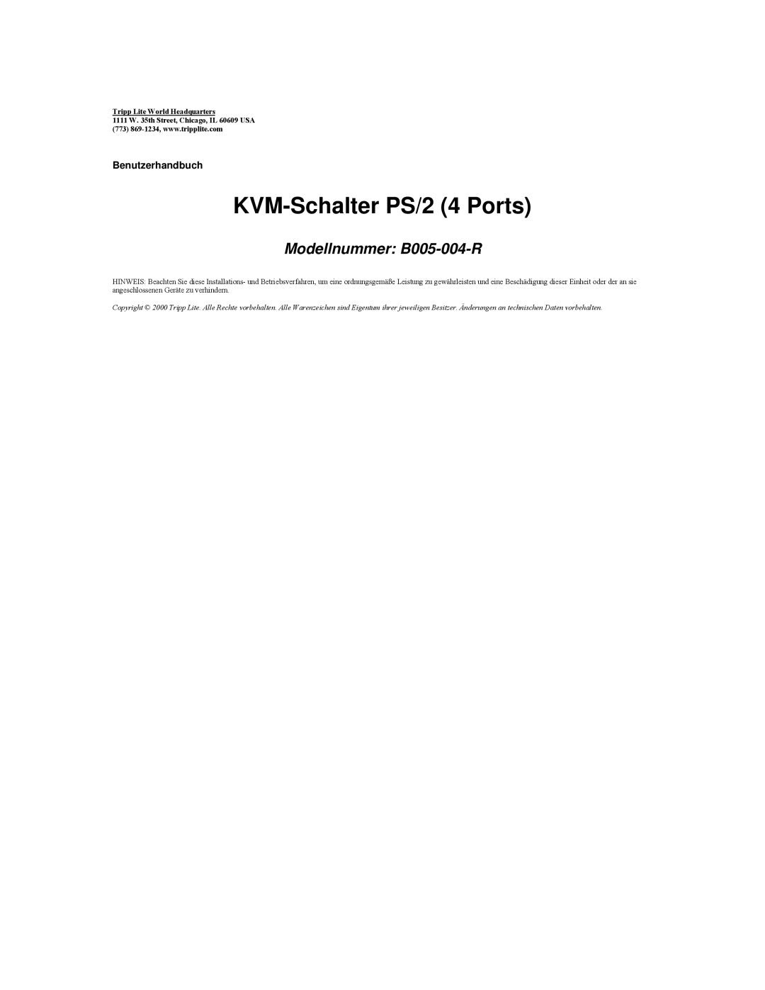 Tripp Lite B005-004-R user manual KVM-Schalter PS/2 4 Ports 