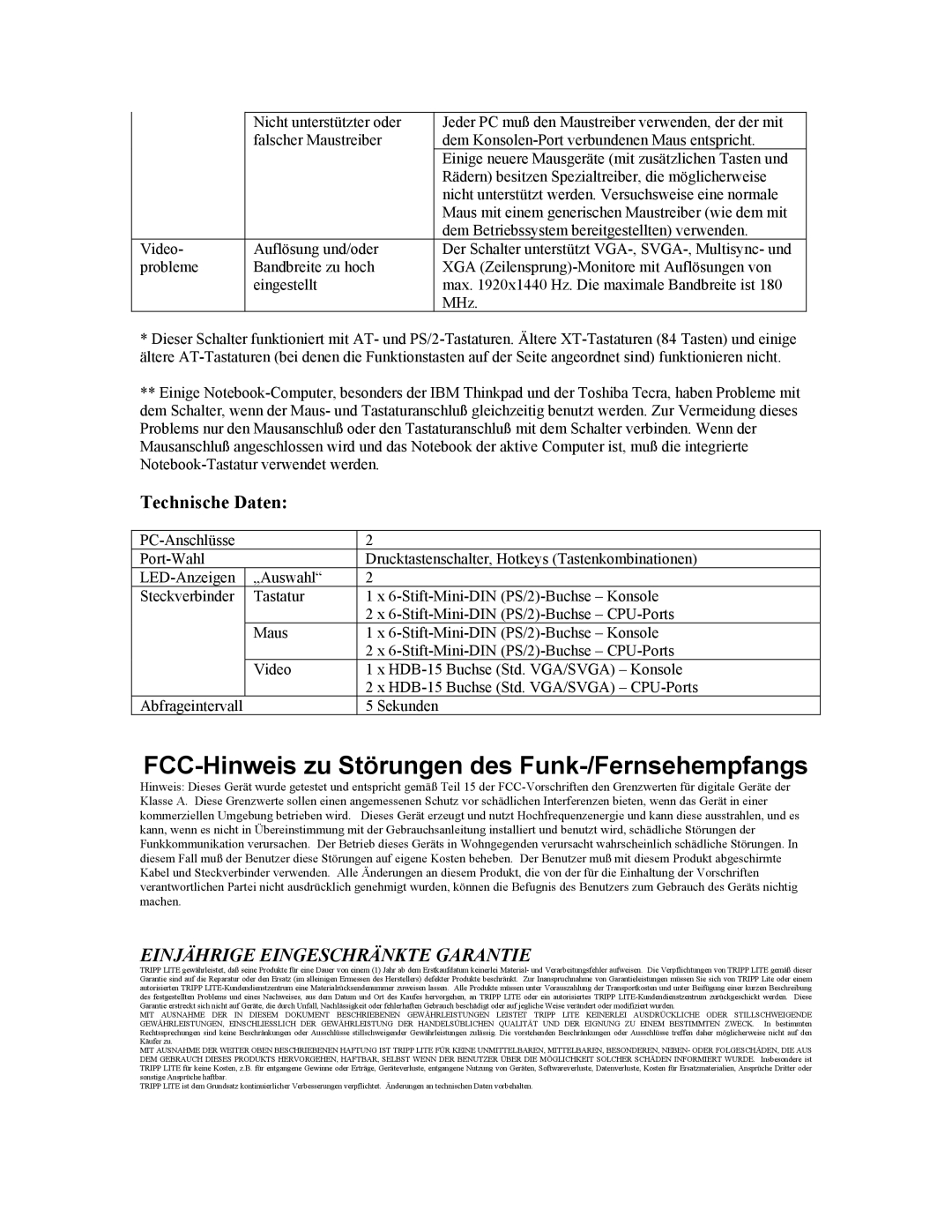 Tripp Lite B005-004-R user manual FCC-Hinweis zu Störungen des Funk-/Fernsehempfangs, Technische Daten 