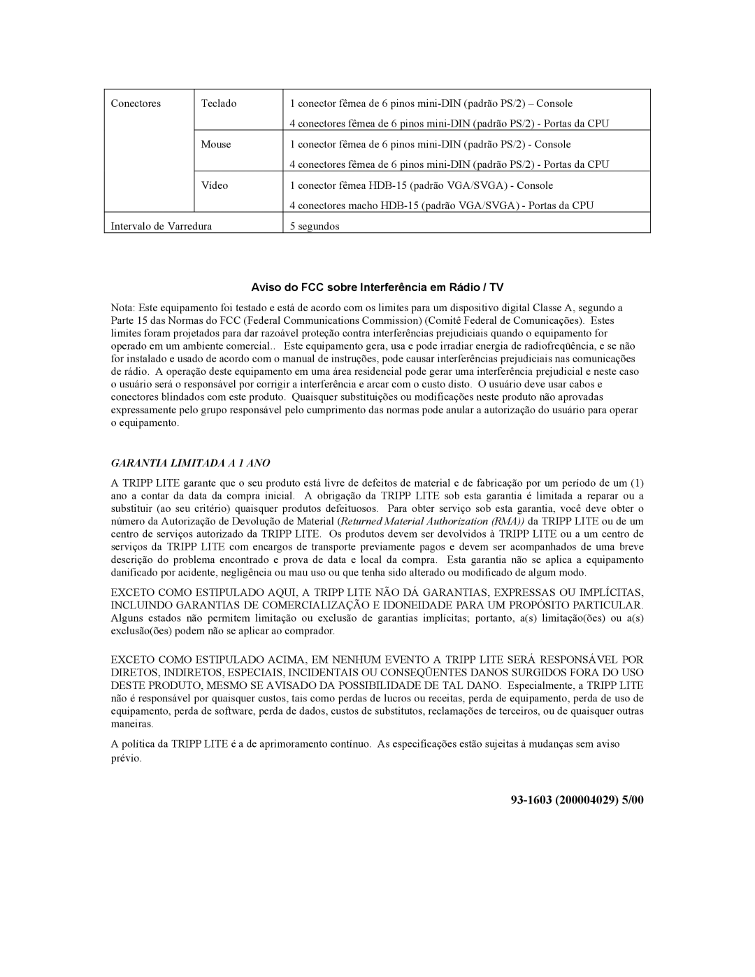 Tripp Lite B005-004-R user manual 93-1603 200004029 5/00, Aviso do FCC sobre Interferência em Rádio / TV 