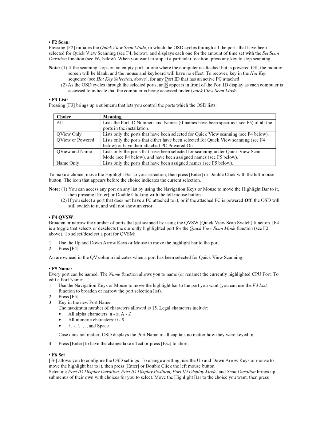 Tripp Lite B005-008 user manual F2 Scan, F3 List, Choice Meaning, F4 Qvsw, F5 Name, F6 Set 