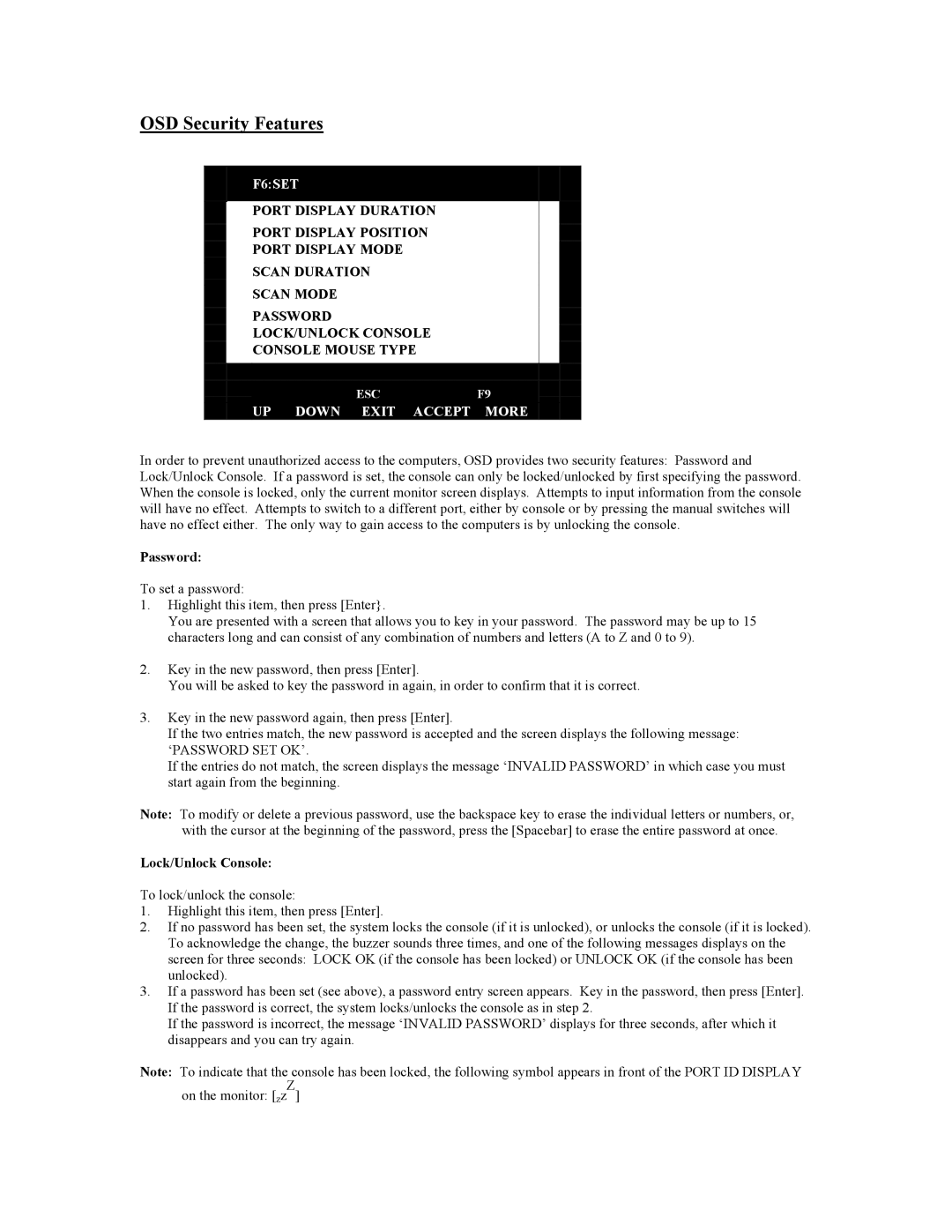 Tripp Lite B005-008 user manual OSD Security Features, F6SET, UP Down Exit Accept More, Password, Lock/Unlock Console 