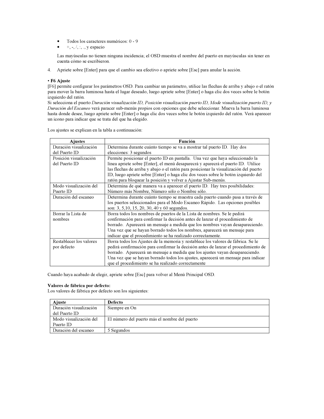 Tripp Lite B005-008 user manual F6 Ajuste, Ajustes Función, Valores de fábrica por defecto, Ajuste Defecto 