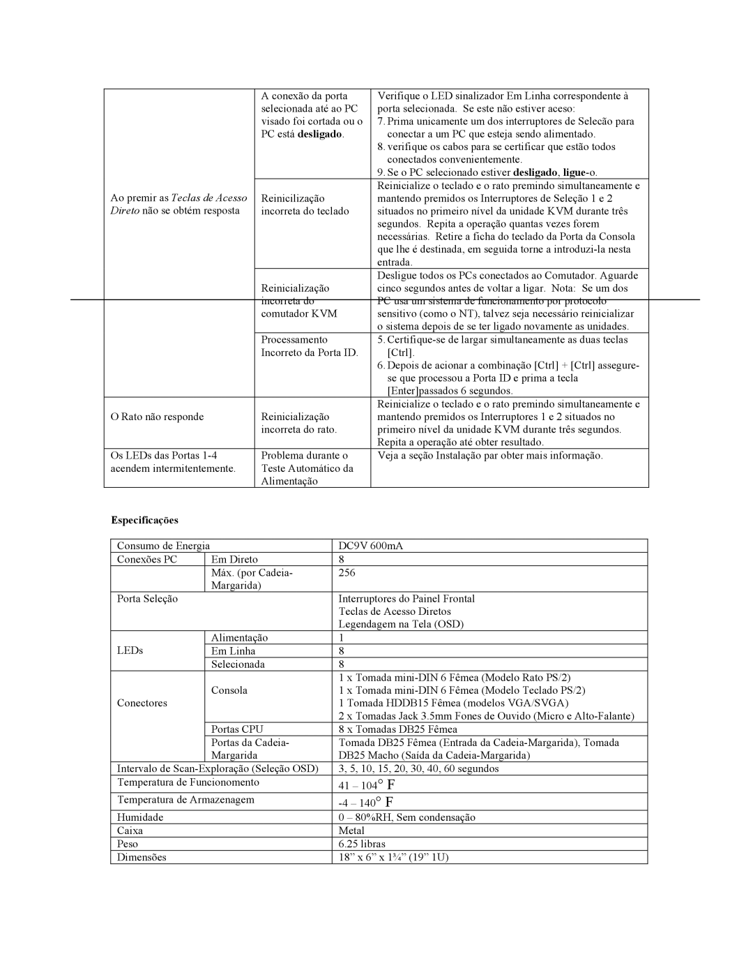 Tripp Lite B005-008 user manual Ao premir as Teclas de Acesso, Especificações 