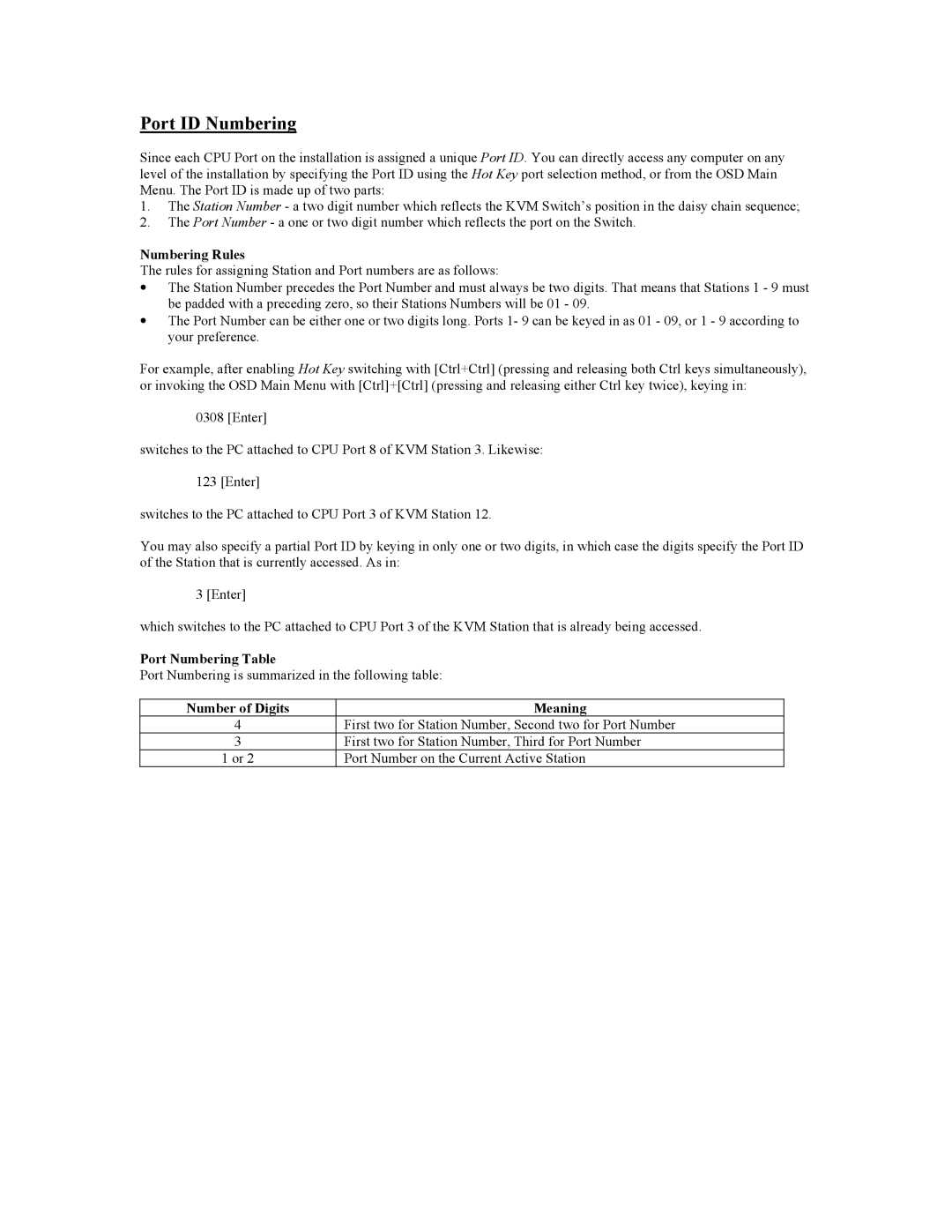 Tripp Lite B005-008 user manual Port ID Numbering, Numbering Rules, Port Numbering Table, Number of Digits Meaning 