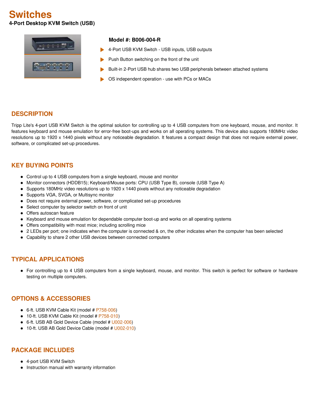 Tripp Lite B006-004-R instruction manual Description, Key Buying Points, Typical Applications, Options & Accessories 