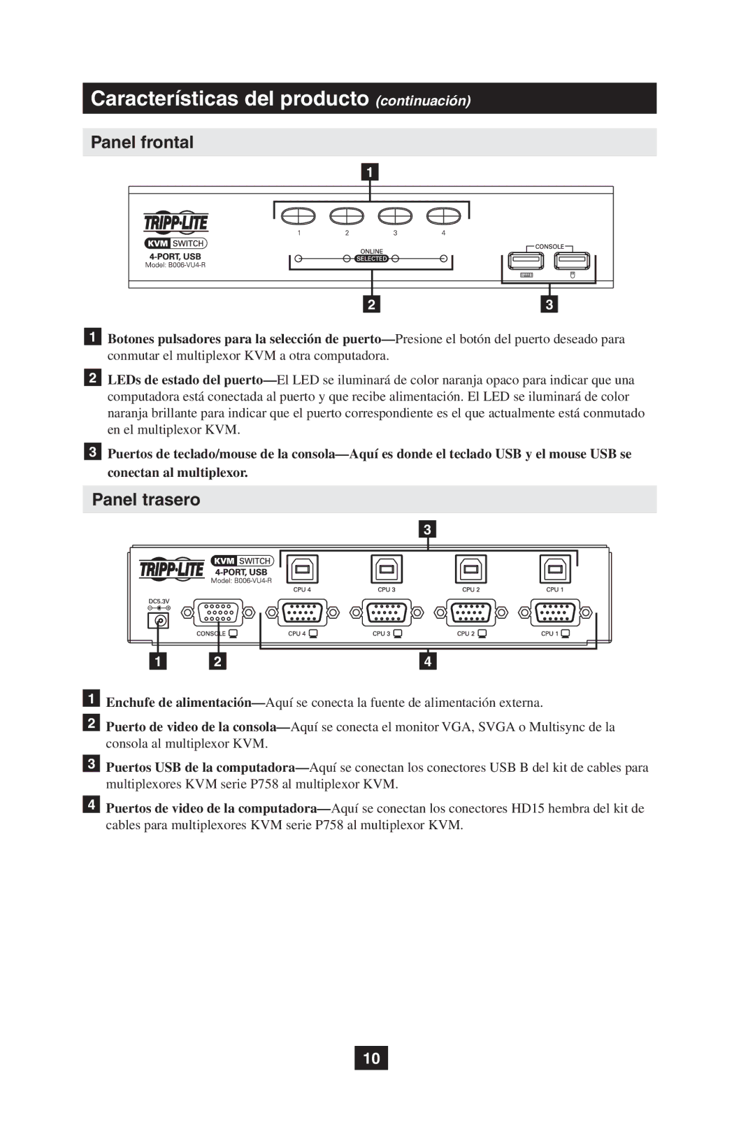 Tripp Lite B006-VU4-R owner manual Características del producto continuación, Panel frontal 