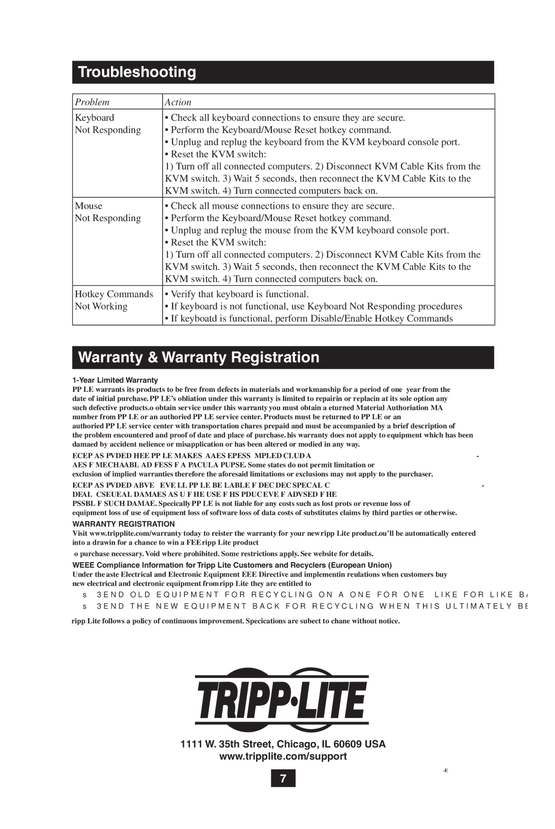 Tripp Lite B006-VU4-R owner manual Problem Action, Year Limited Warranty 