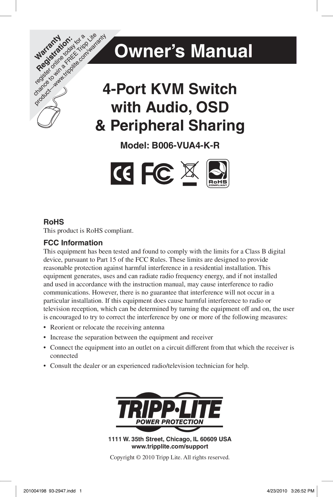 Tripp Lite B006-VUA4-K-R owner manual RoHS, FCC Information 