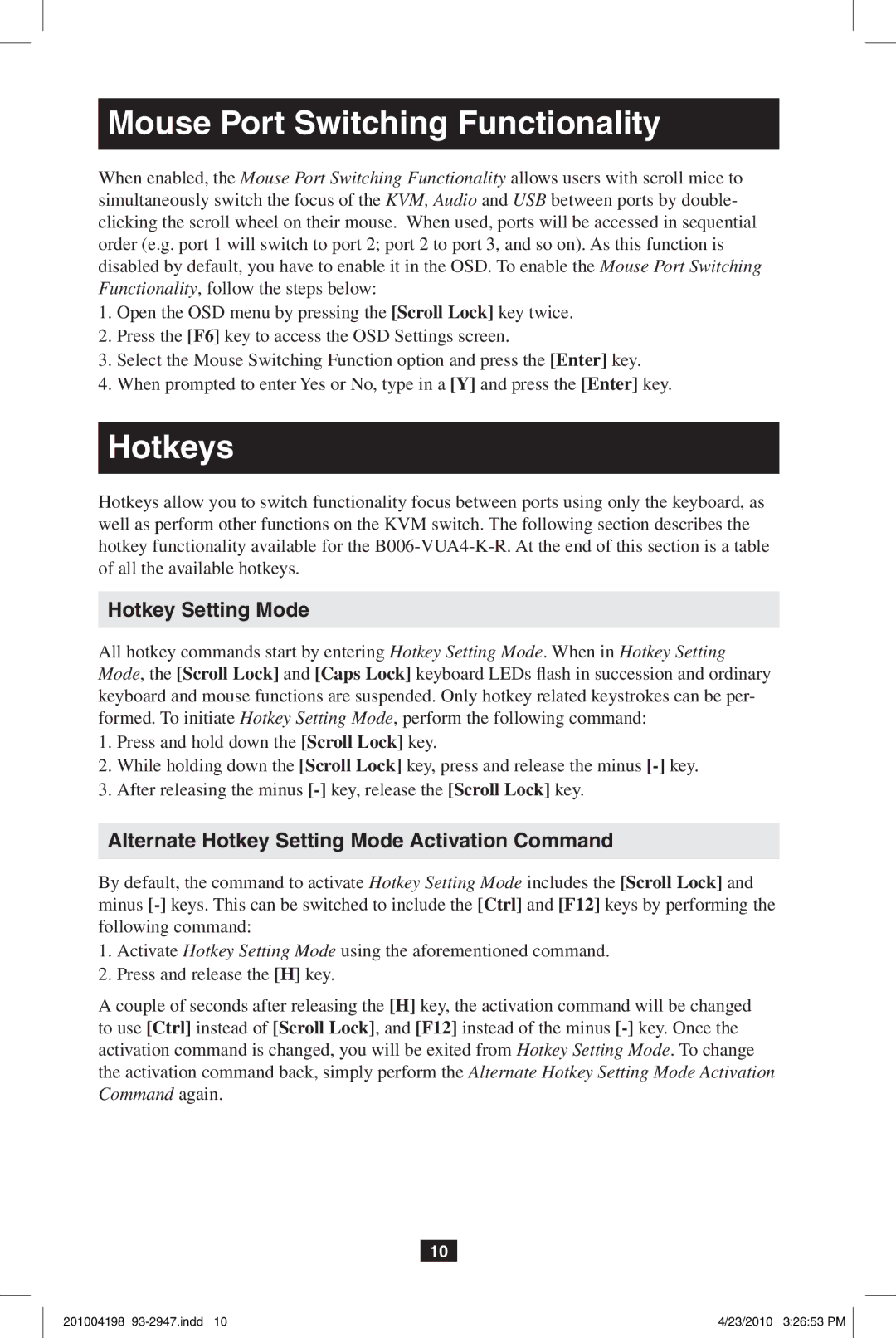 Tripp Lite B006-VUA4-K-R owner manual Mouse Port Switching Functionality, Hotkeys, Hotkey Setting Mode 