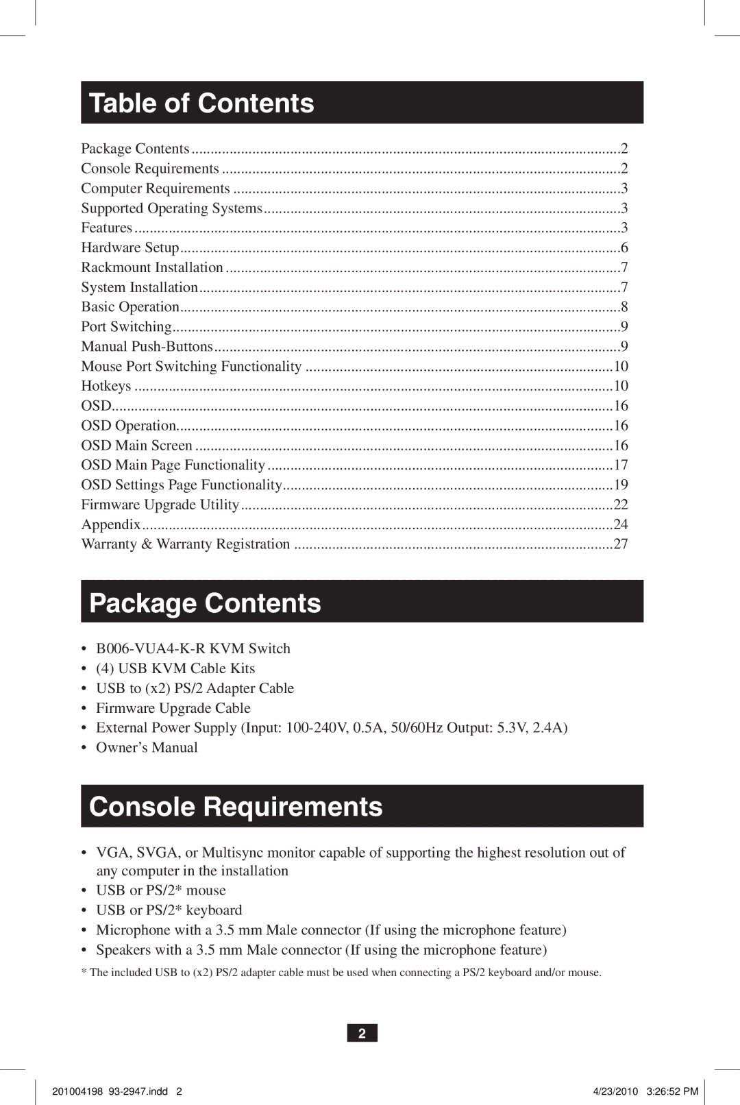 Tripp Lite B006-VUA4-K-R owner manual Table of Contents, Package Contents, Console Requirements 