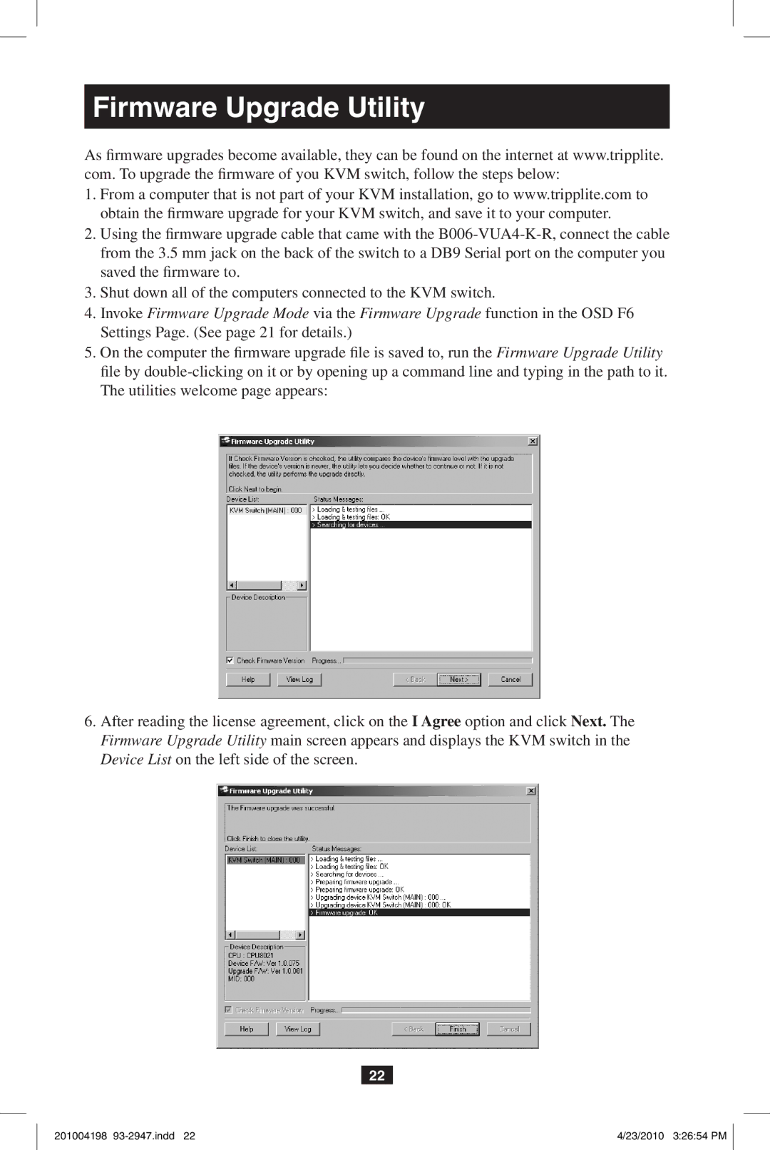 Tripp Lite B006-VUA4-K-R owner manual Firmware Upgrade Utility, Settings Page. See page 21 for details 