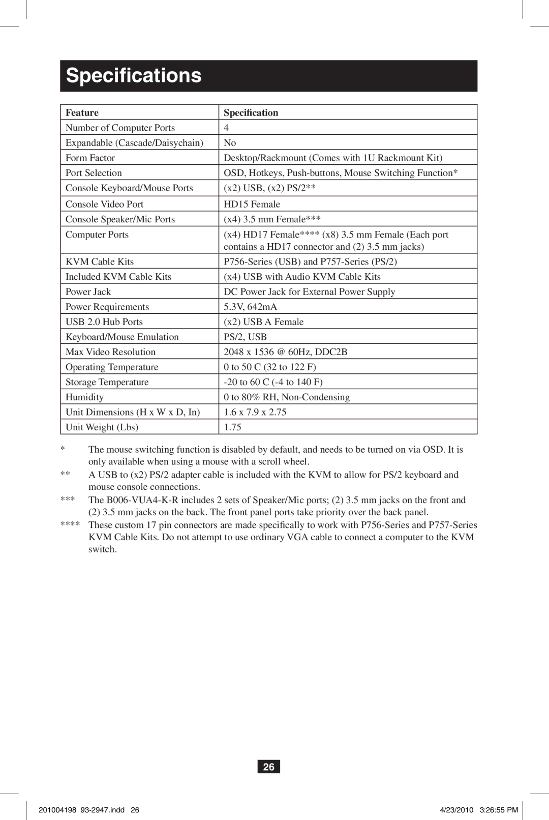 Tripp Lite B006-VUA4-K-R owner manual Specifications, Feature Specification 