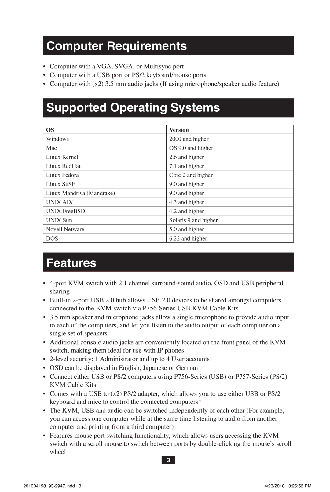 Tripp Lite B006-VUA4-K-R owner manual Computer Requirements, Supported Operating Systems, Features, Version 