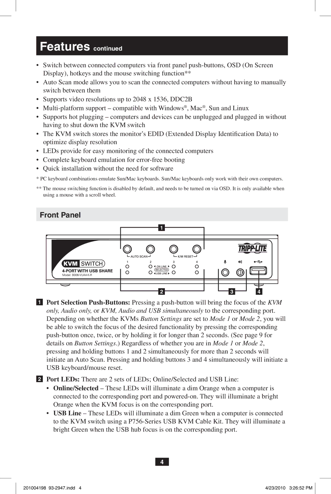 Tripp Lite B006-VUA4-K-R owner manual Front Panel, Orange when the KVM focus is on the corresponding port 