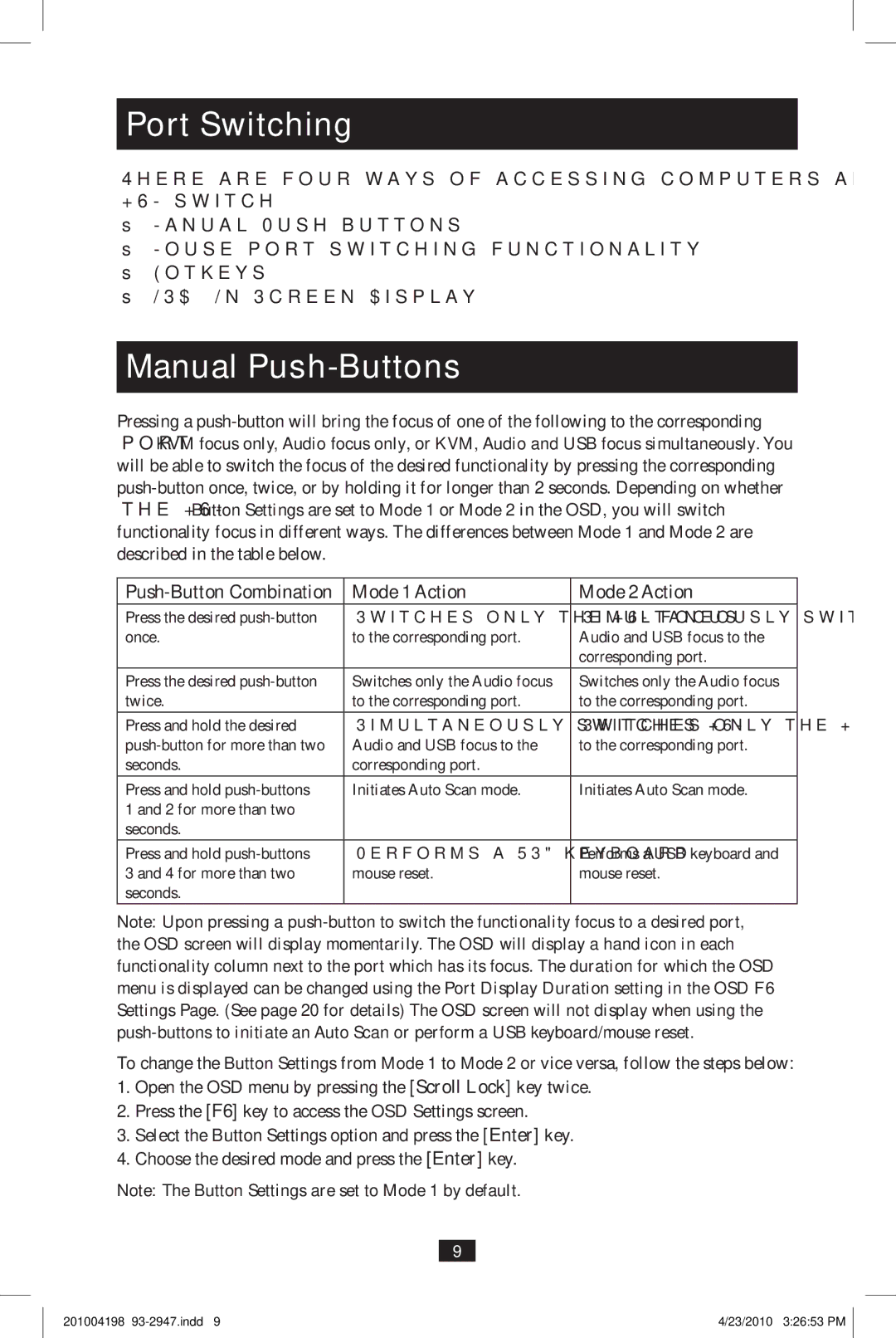 Tripp Lite B006-VUA4-K-R owner manual Port Switching, Manual Push-Buttons, Performs a USB keyboard 