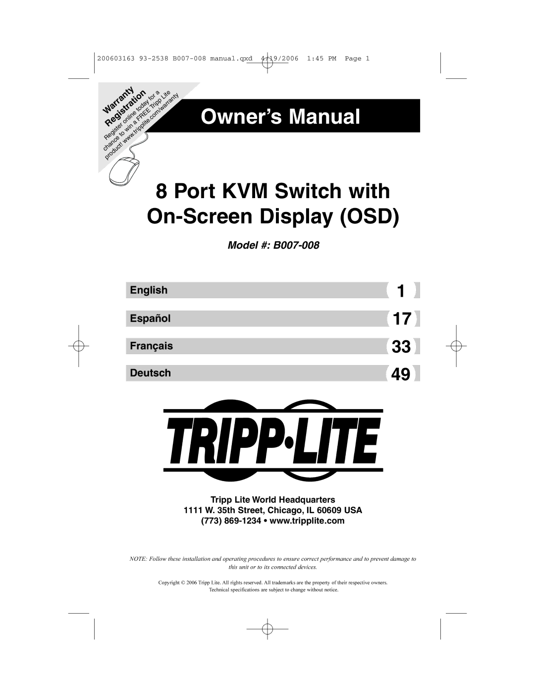 Tripp Lite owner manual Model # B007-008 