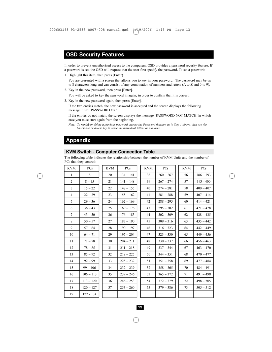 Tripp Lite B007-008 owner manual OSD Security Features, Appendix, KVM Switch Computer Connection Table 