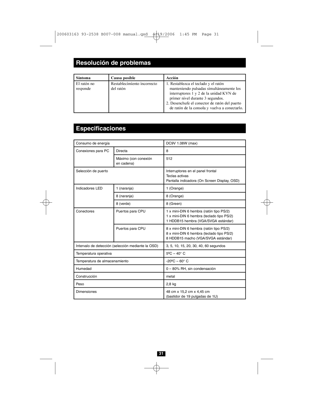 Tripp Lite B007-008 owner manual Especificaciones 